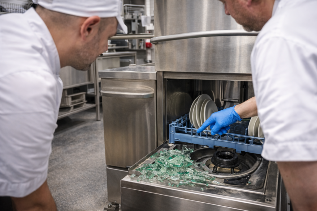 Bris verre lave-vaisselle : éclats de verre retrouvés dans la pompe lors d’une intervention en cuisine professionnelle